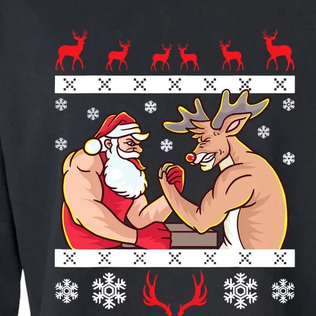 Santa Claus And Reindeer Arm Wrestling Ugly Christmas Cropped Pullover Crew