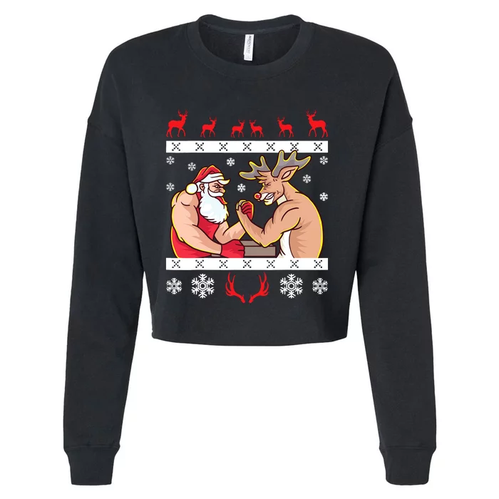 Santa Claus And Reindeer Arm Wrestling Ugly Christmas Cropped Pullover Crew