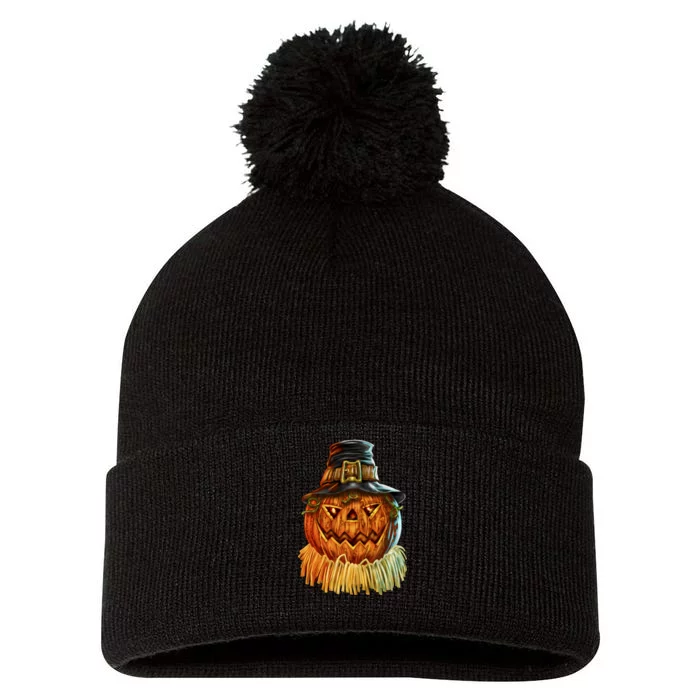 Scarecrow Pumpkin Halloween Pom Pom 12in Knit Beanie