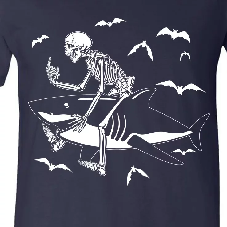 Scary Skeleton Riding Shark V-Neck T-Shirt