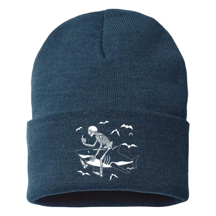 Scary Skeleton Riding Shark Sustainable Knit Beanie