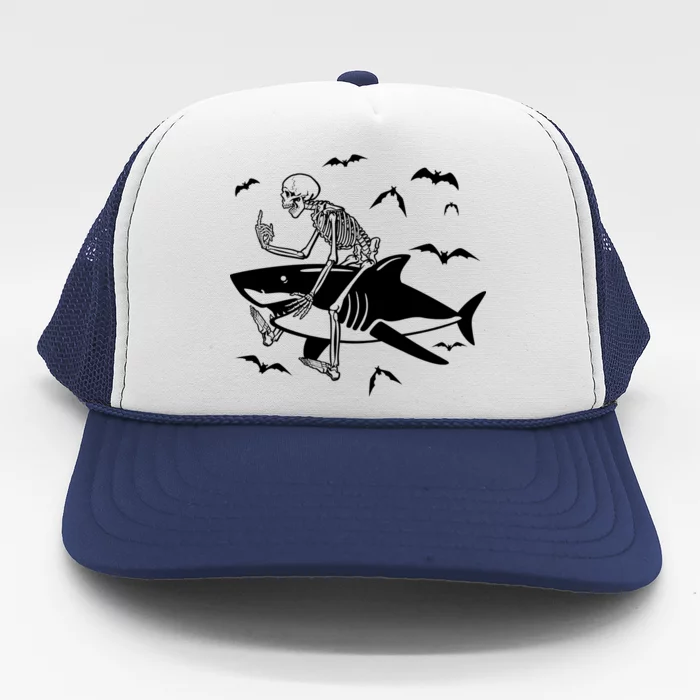 Scary Skeleton Riding Shark Trucker Hat