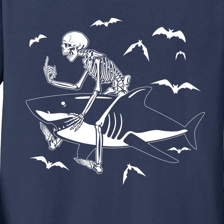 Scary Skeleton Riding Shark Kids Long Sleeve Shirt