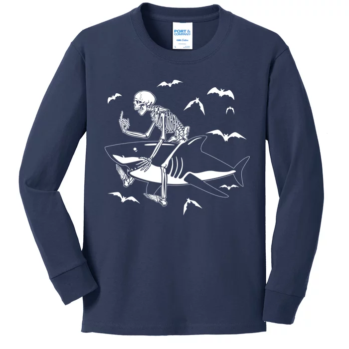 Scary Skeleton Riding Shark Kids Long Sleeve Shirt