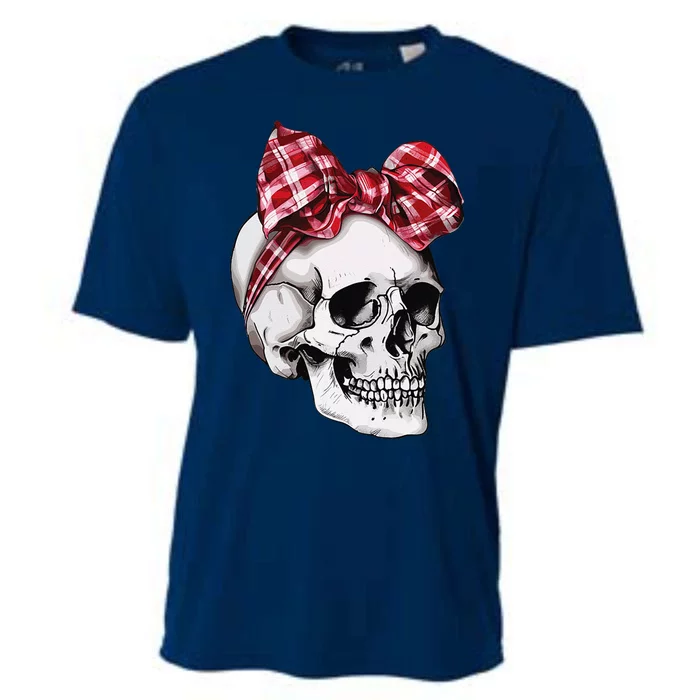 Skull Coquette Bow Halloween Red Plaid Bow Group Costume Cooling Performance Crew T-Shirt