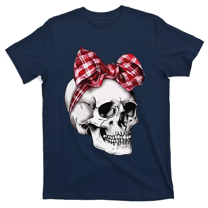 Skull Coquette Bow Halloween Red Plaid Bow Group Costume T-Shirt