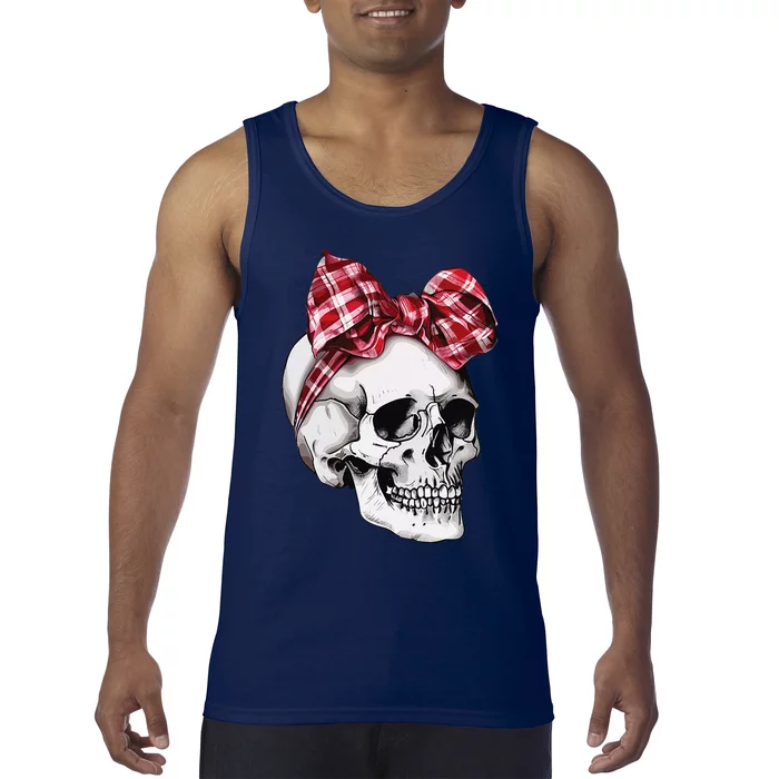 Skull Coquette Bow Halloween Red Plaid Bow Group Costume Tank Top