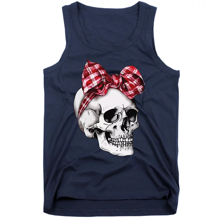 Skull Coquette Bow Halloween Red Plaid Bow Group Costume Tank Top