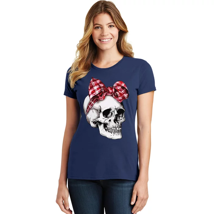 Skull Coquette Bow Halloween Red Plaid Bow Group Costume Women's T-Shirt