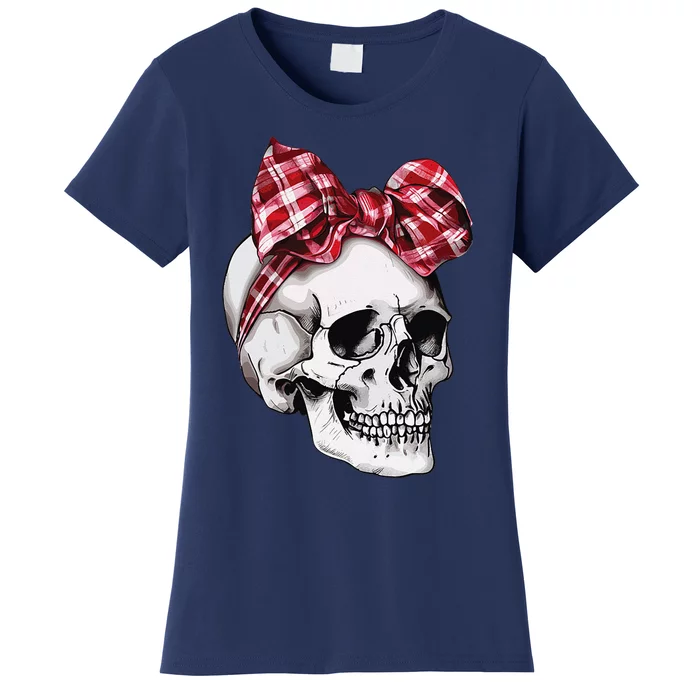 Skull Coquette Bow Halloween Red Plaid Bow Group Costume Women's T-Shirt