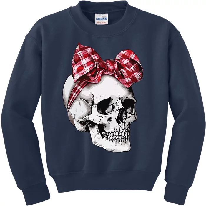 Skull Coquette Bow Halloween Red Plaid Bow Group Costume Kids Sweatshirt