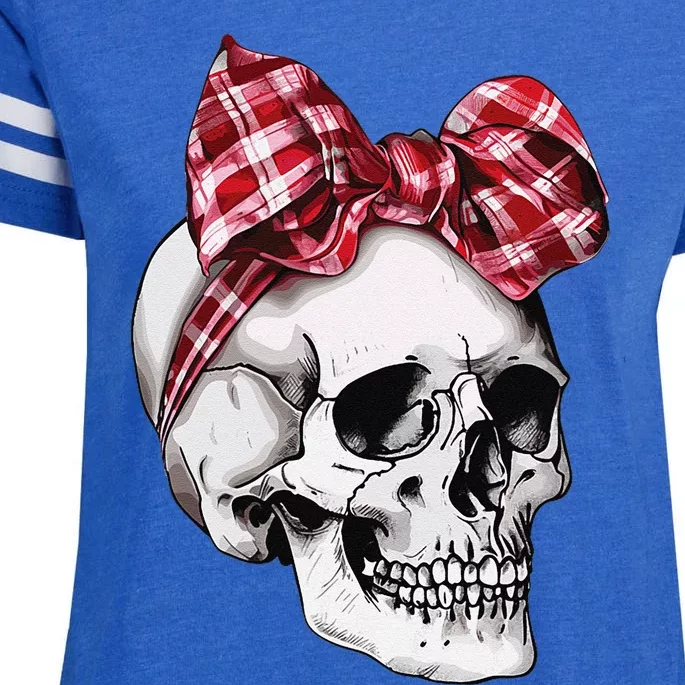 Skull Coquette Bow Halloween Red Plaid Bow Group Costume Enza Ladies Jersey Football T-Shirt