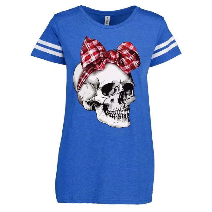 Skull Coquette Bow Halloween Red Plaid Bow Group Costume Enza Ladies Jersey Football T-Shirt