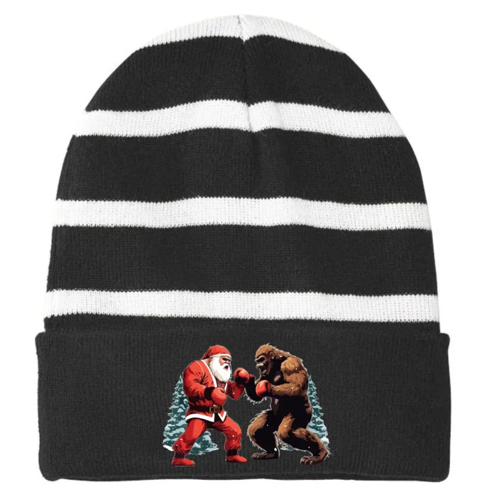 Santa Claus Boxing Bigfoot Sasquatch Christmas Striped Beanie with Solid Band