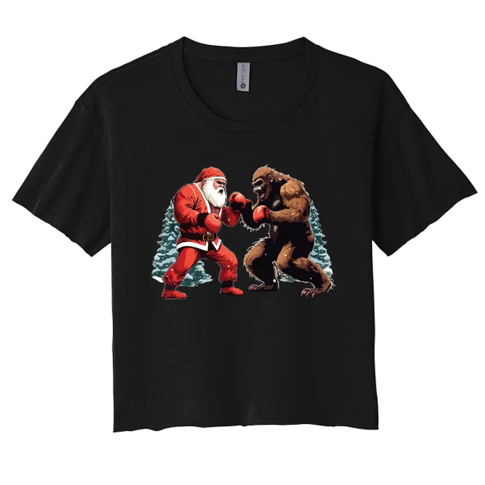 Santa Claus Boxing Bigfoot Sasquatch Christmas Women's Crop Top Tee