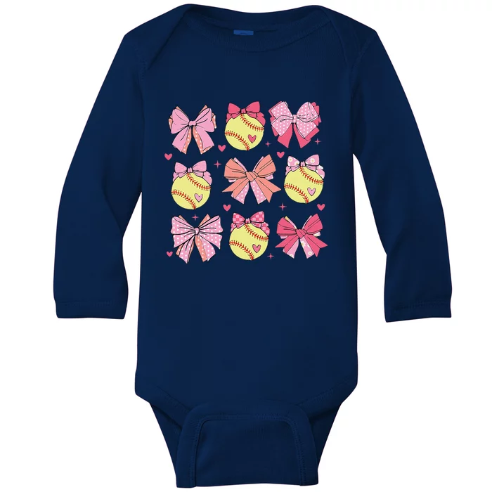 Softball Coquette Bow Softball Mom Mothers Day Softball Mama Baby Long Sleeve Bodysuit