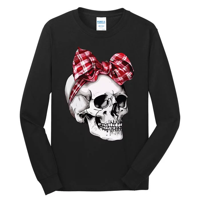 Skull Coquette Bow Halloween Red Plaid Bow Group Costume Tall Long Sleeve T-Shirt