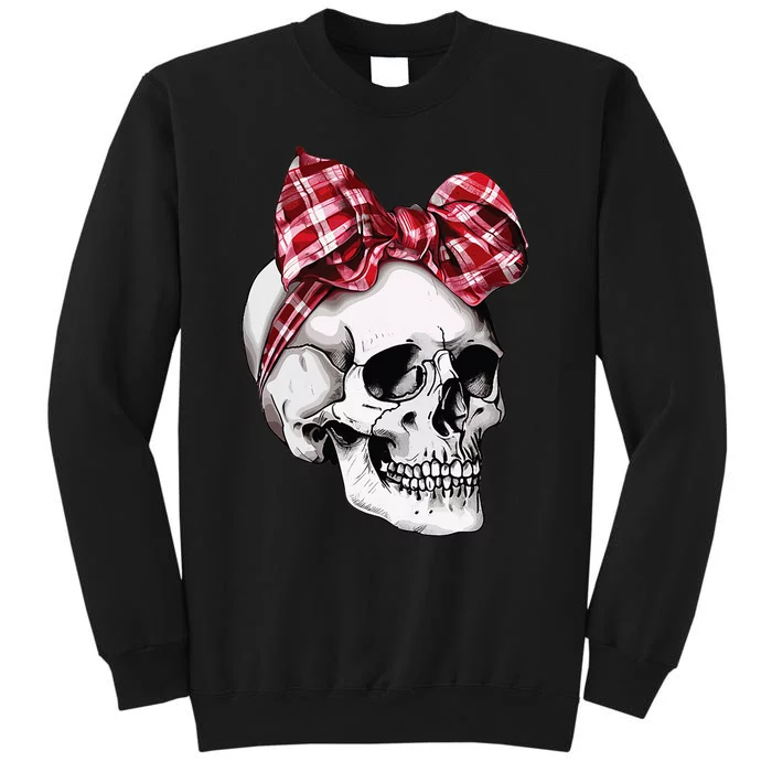 Skull Coquette Bow Halloween Red Plaid Bow Group Costume Tall Sweatshirt