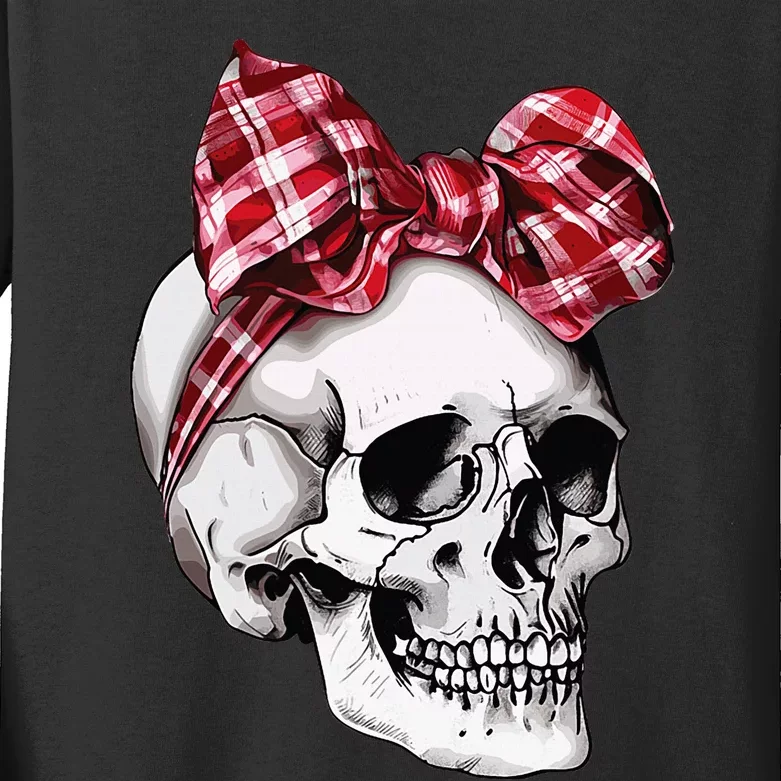 Skull Coquette Bow Halloween Red Plaid Bow Group Costume Kids Long Sleeve Shirt