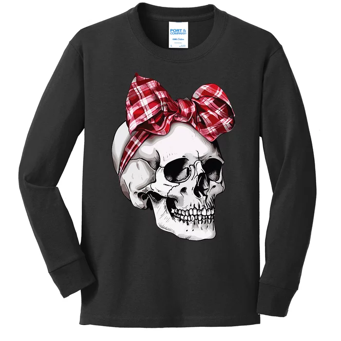 Skull Coquette Bow Halloween Red Plaid Bow Group Costume Kids Long Sleeve Shirt