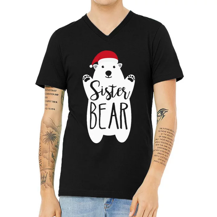 Sister Christmas Bear Santa Gift Family Matching Pajamas V-Neck T-Shirt