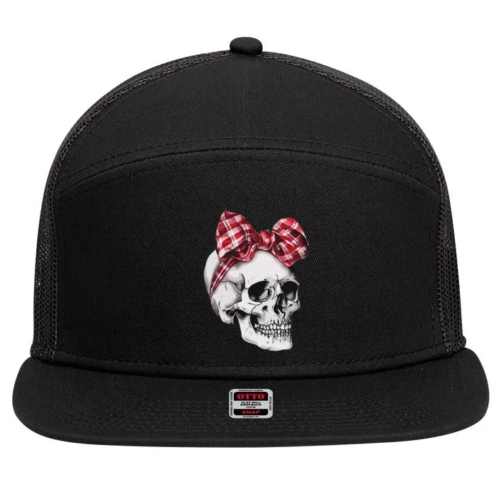 Skull Coquette Bow Red Plaid Halloween Costume 7 Panel Mesh Trucker Snapback Hat