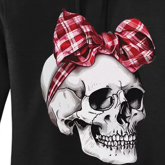 Skull Coquette Bow Red Plaid Halloween Costume Women's Pullover Hoodie