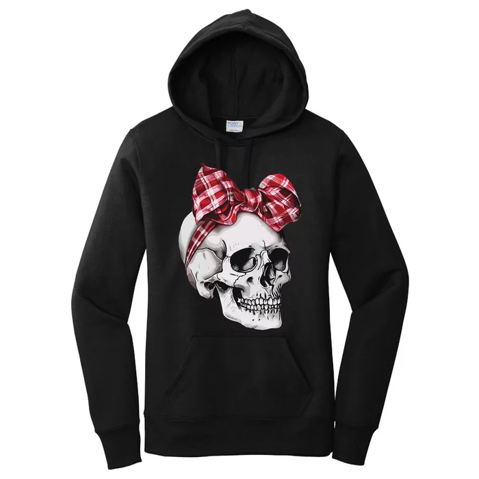 Skull Coquette Bow Red Plaid Halloween Costume Women's Pullover Hoodie