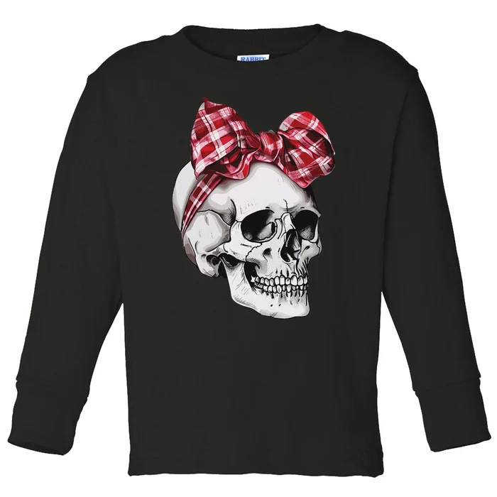 Skull Coquette Bow Red Plaid Halloween Costume Toddler Long Sleeve Shirt