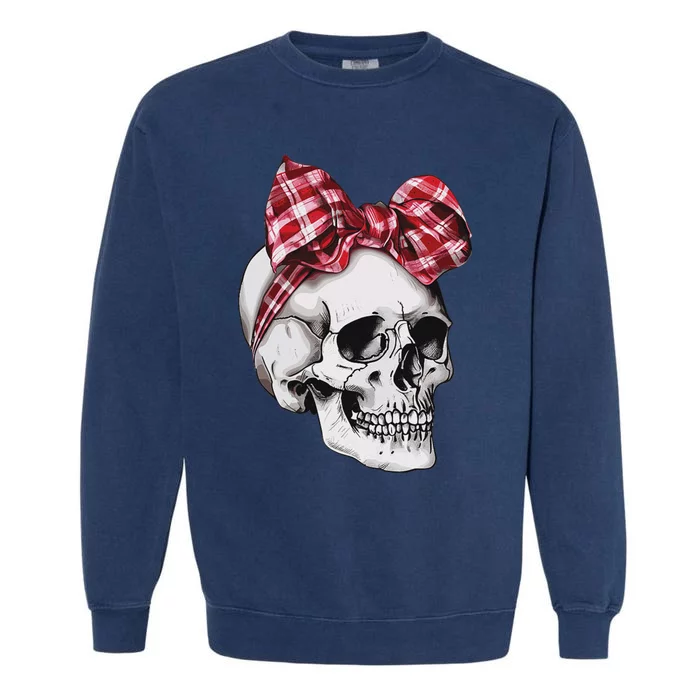 Skull Coquette Bow Red Plaid Halloween Costume Garment-Dyed Sweatshirt