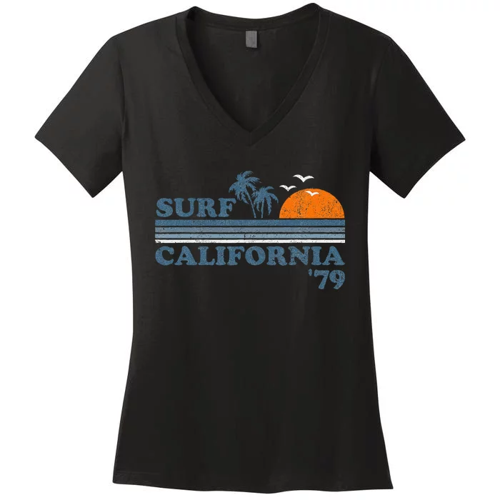 Surf California Beach Retro Sunset Surf 70s Women's V-Neck T-Shirt