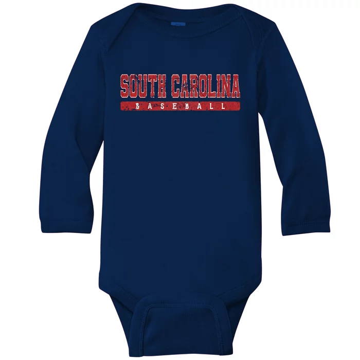 South Carolina Baseball Red Vintage Baby Long Sleeve Bodysuit