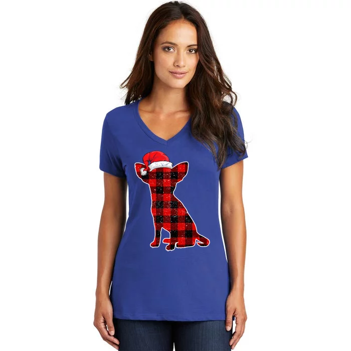 Santa Chihuahua Buffalo Plaid Gift Merry Christmas Dog Gift Women's V-Neck T-Shirt