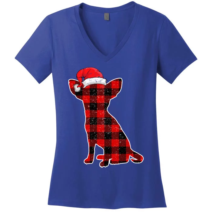 Santa Chihuahua Buffalo Plaid Gift Merry Christmas Dog Gift Women's V-Neck T-Shirt