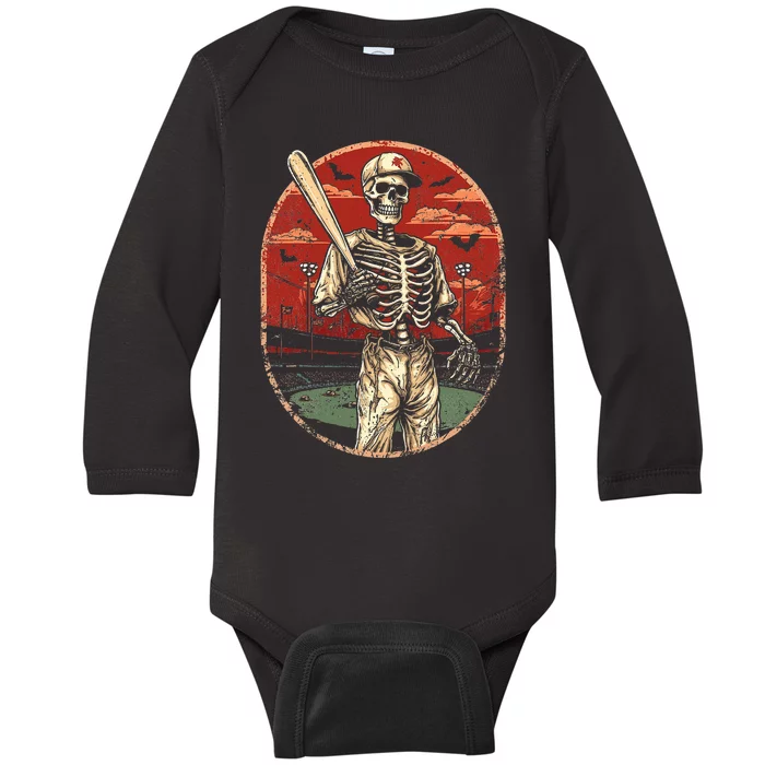 Spooky Creepy Baseball Skeleton Halloween Baby Long Sleeve Bodysuit