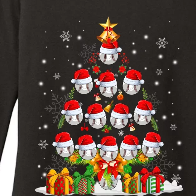 Santa Claus Baseball Ball Xmas Tree Lights Merry Christmas Gift Womens CVC Long Sleeve Shirt