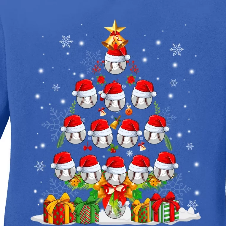 Santa Claus Baseball Ball Xmas Tree Lights Merry Christmas Gift Ladies Long Sleeve Shirt