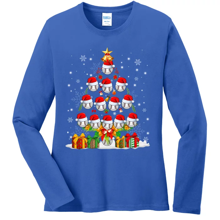 Santa Claus Baseball Ball Xmas Tree Lights Merry Christmas Gift Ladies Long Sleeve Shirt