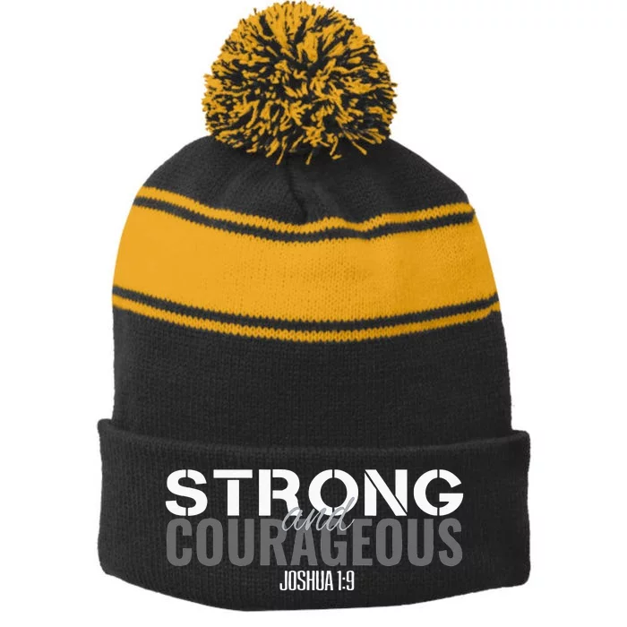 Strong & Courageous Bible Verse Tee For Women Men Christian Stripe Pom Pom Beanie