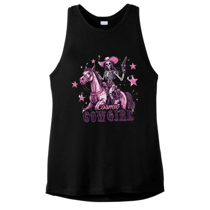 Skeleton Cosmic Cowgirl Funny Halloween Spooky Vibes Ladies Tri-Blend Wicking Tank