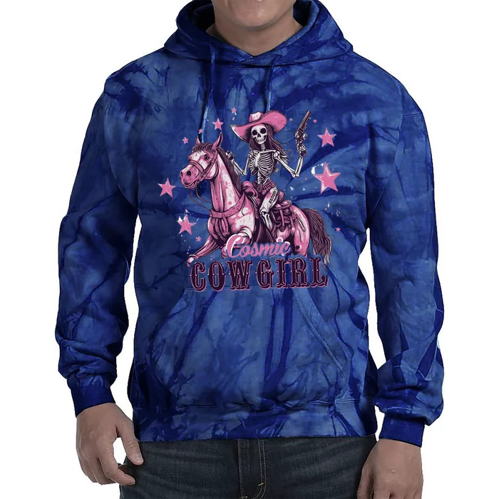 Skeleton Cosmic Cowgirl Funny Halloween Spooky Vibes Tie Dye Hoodie