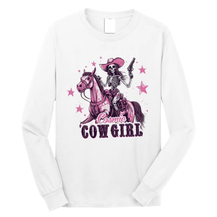 Skeleton Cosmic Cowgirl Funny Halloween Spooky Vibes Long Sleeve Shirt