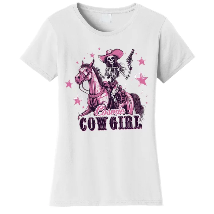 Skeleton Cosmic Cowgirl Funny Halloween Spooky Vibes Women's T-Shirt