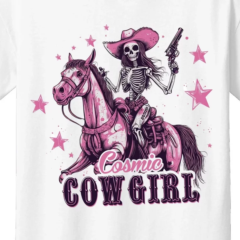 Skeleton Cosmic Cowgirl Funny Halloween Spooky Vibes Kids T-Shirt