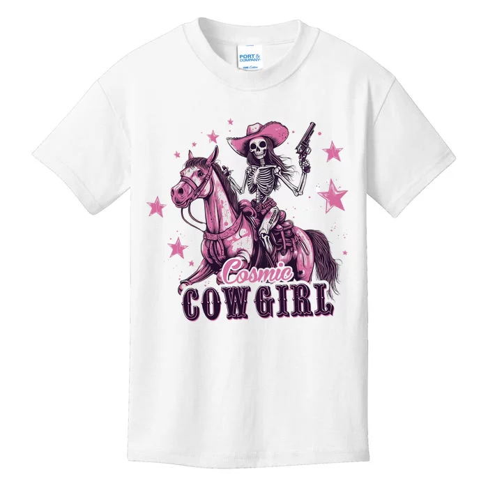 Skeleton Cosmic Cowgirl Funny Halloween Spooky Vibes Kids T-Shirt