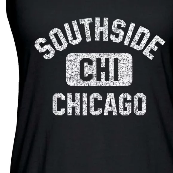 Southside Chicago CHI Gym Style Distressed White Print Ladies Essential Flowy Tank