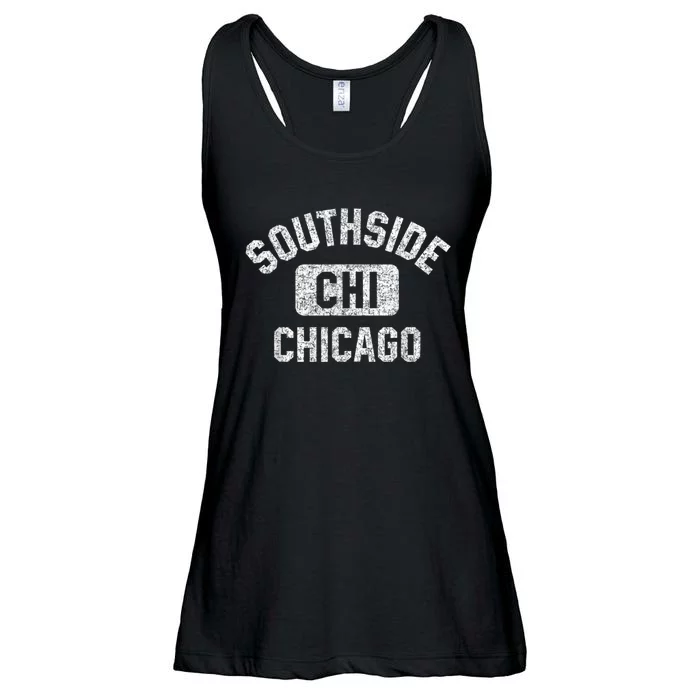 Southside Chicago CHI Gym Style Distressed White Print Ladies Essential Flowy Tank