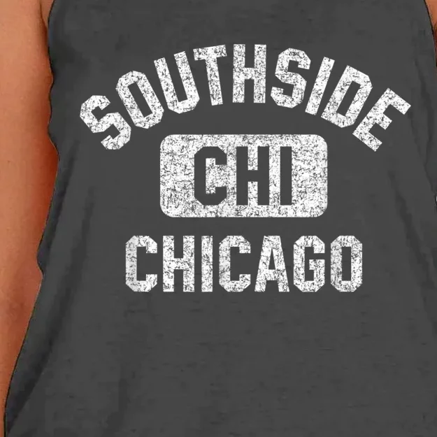 Southside Chicago CHI Gym Style Distressed White Print Women's Knotted Racerback Tank