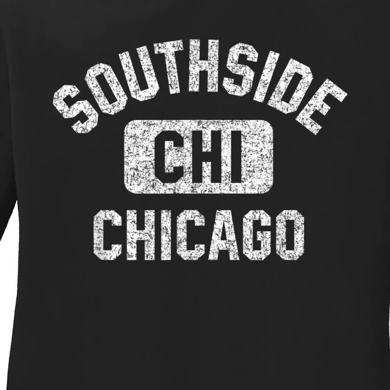 Southside Chicago CHI Gym Style Distressed White Print Ladies Long Sleeve Shirt