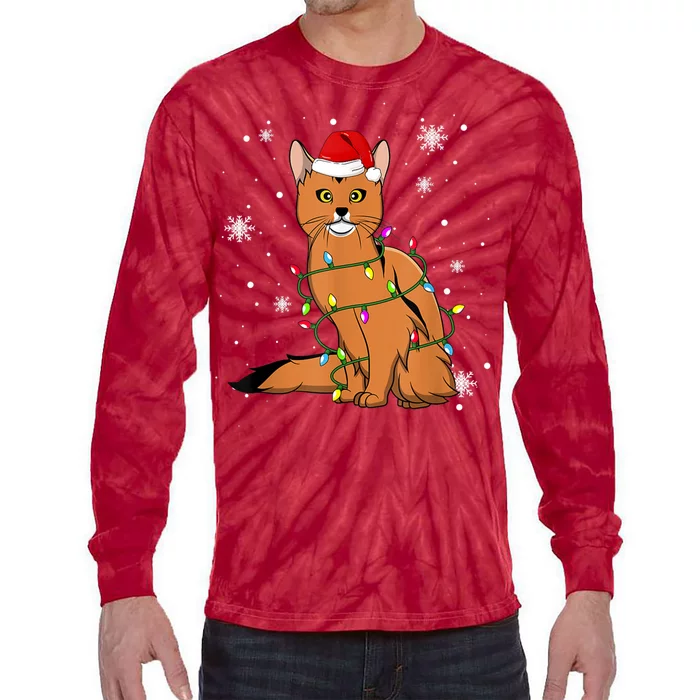 Somali Cat Christmas Lights Christmas Cat Santa Hat Tie-Dye Long Sleeve Shirt